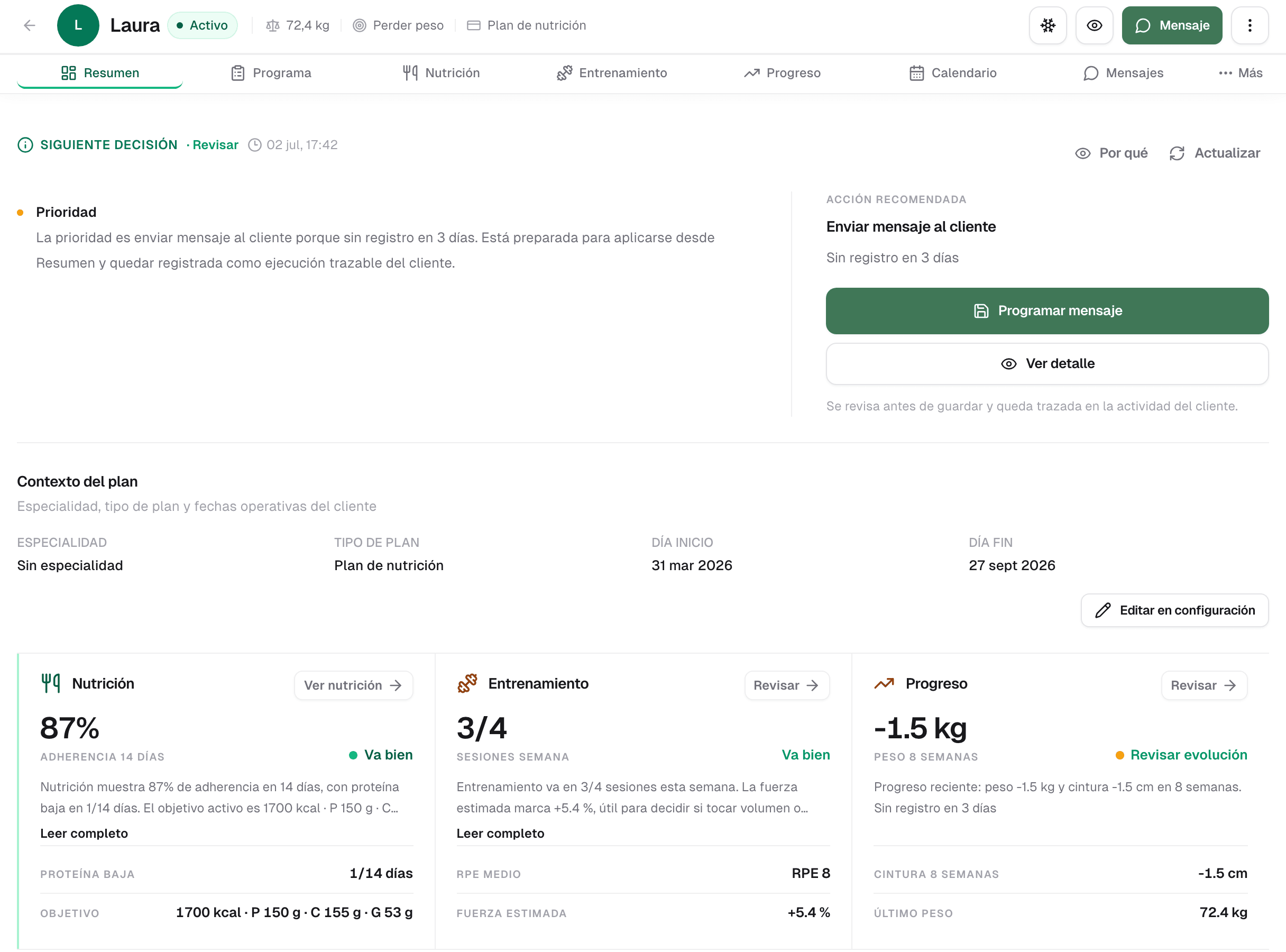 Ficha de cliente de TrainOS: la siguiente decisión, la acción recomendada y el estado de nutrición, entrenamiento y progreso en la misma pantalla