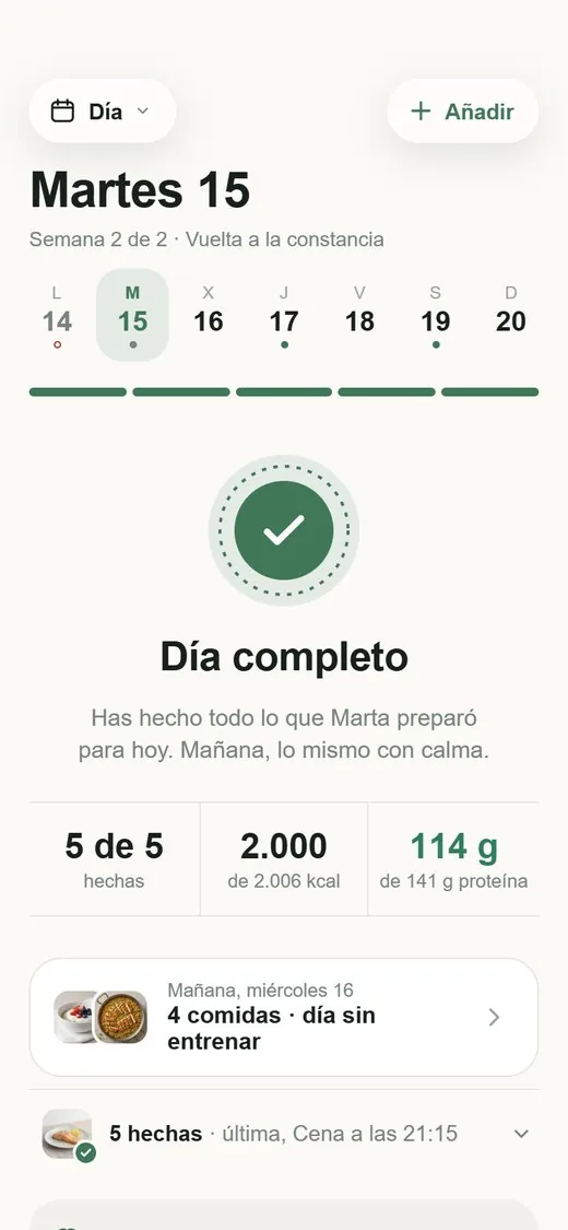 App del cliente: día completo, cinco de cinco tareas hechas