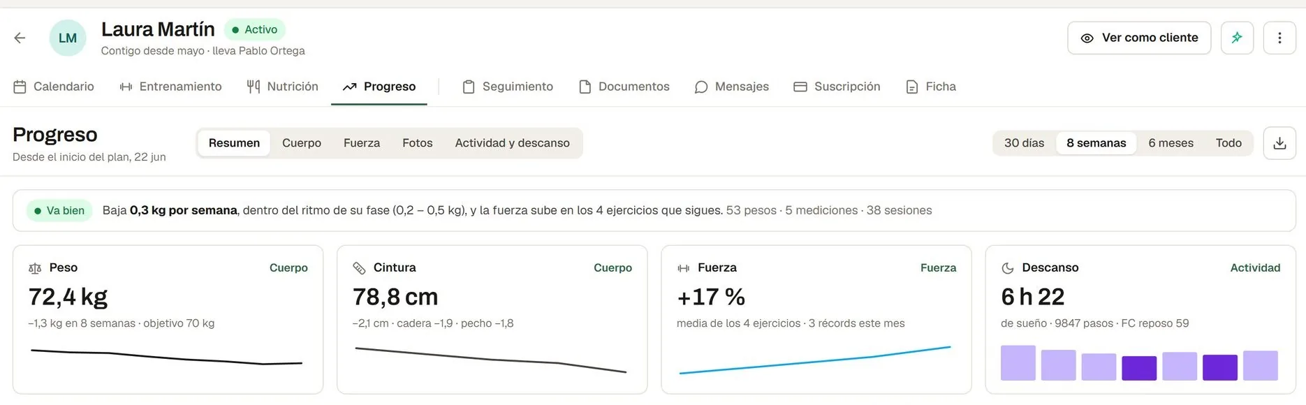 Progreso de una clienta: peso, cintura, fuerza y descanso